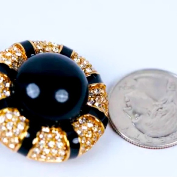 Ciner Large Vintage Gold Tone Black Enamel & Crystal Earrings - Picture 5 of 8